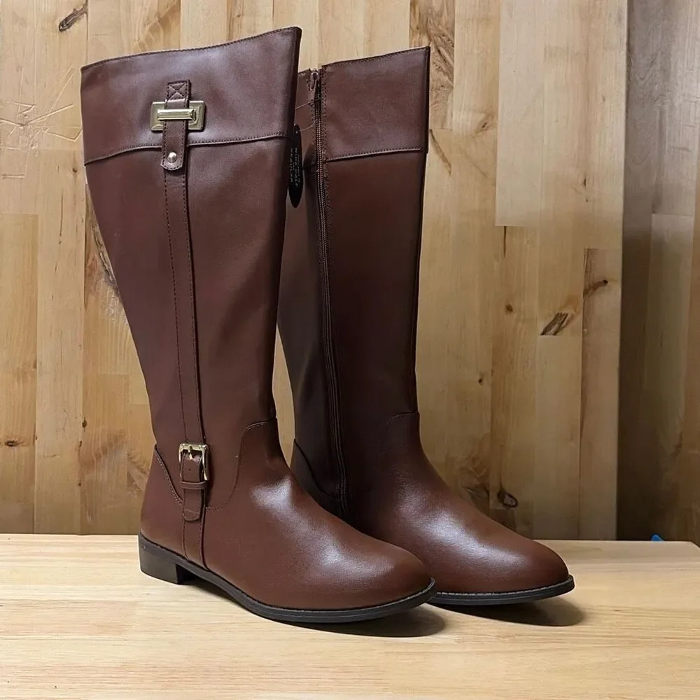 Karen Scott Deliee Riding Boots Womens 8.5W Wide Calf Cognac Brown Side Zip NWB